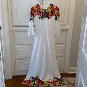 Long sleeve white and floral maxi dress
